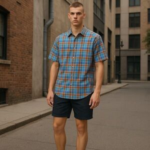 NWT Prana Men’s Benton Short Sleeve Button Down Shirt in‎ Clear Sky